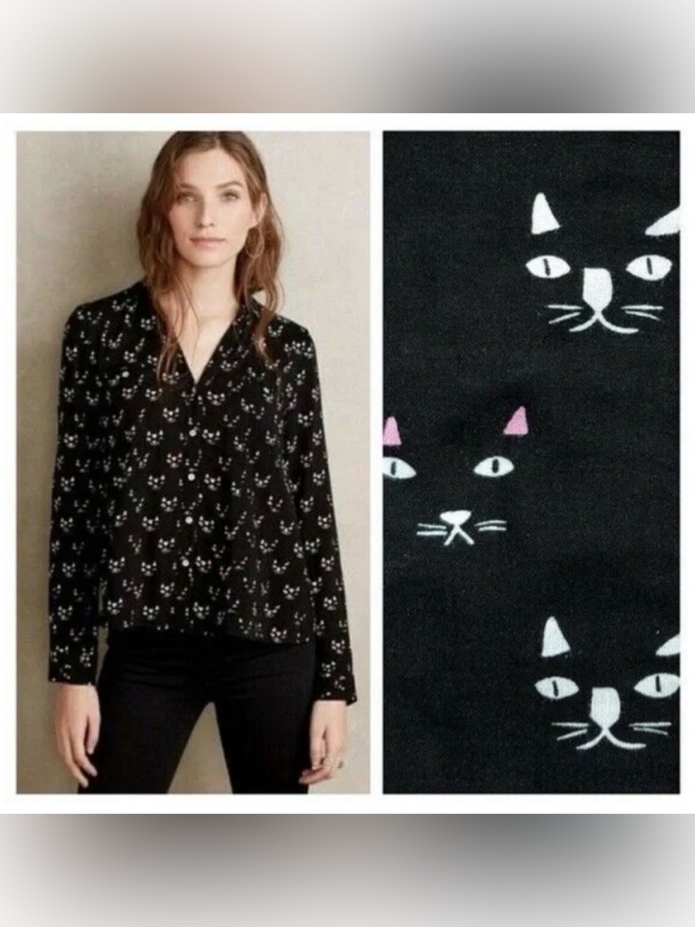 Anthropologie Maeve Black Conversationalist Kitty Cat-Print Button Blouse
